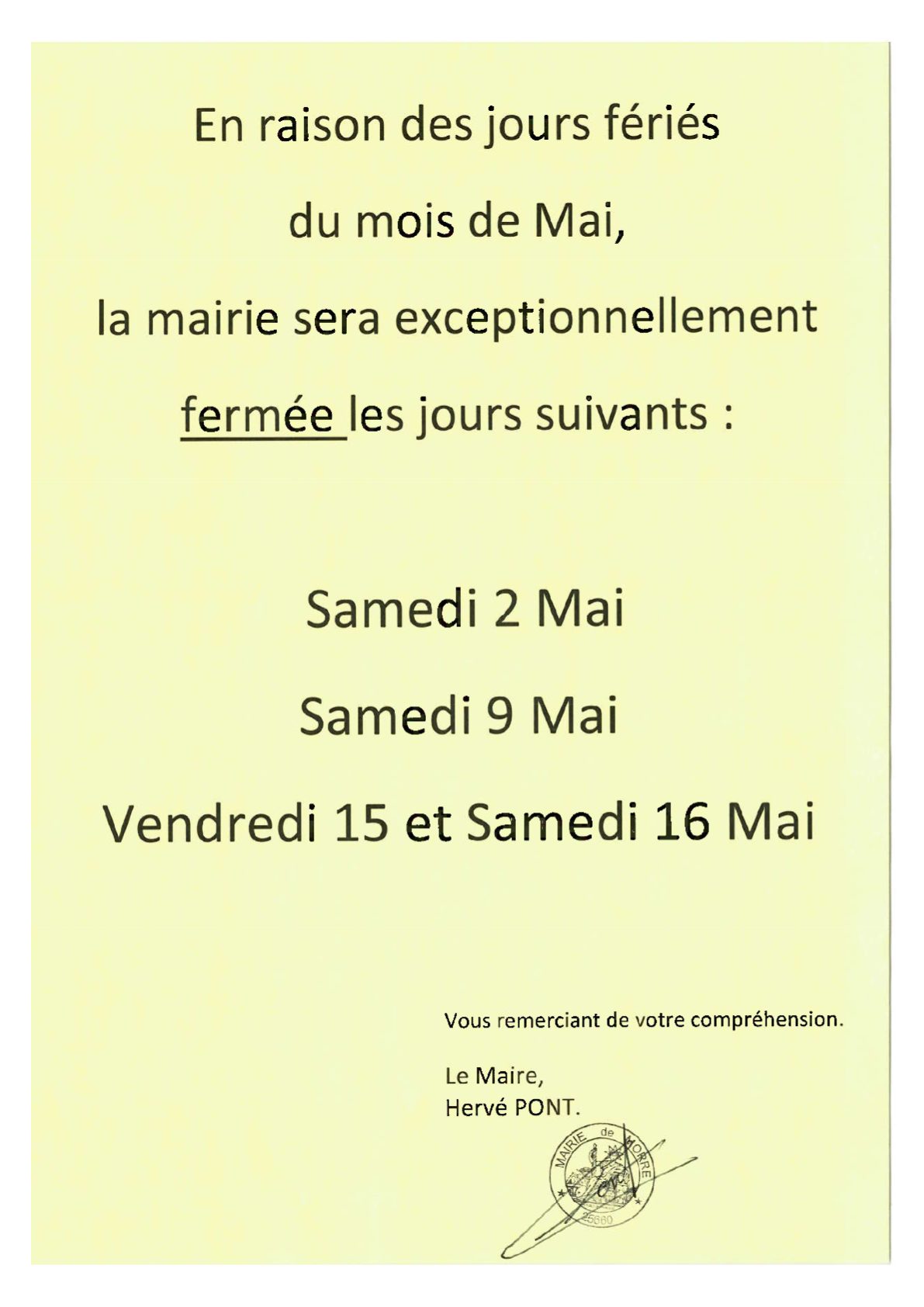 Fermeture exceptionnelle mairie - Ponts du mois de mai