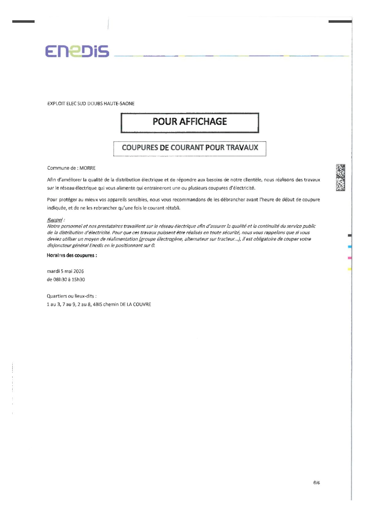 Coupure de courant - La Couvre - 5 mai de 8h30 à 15h30