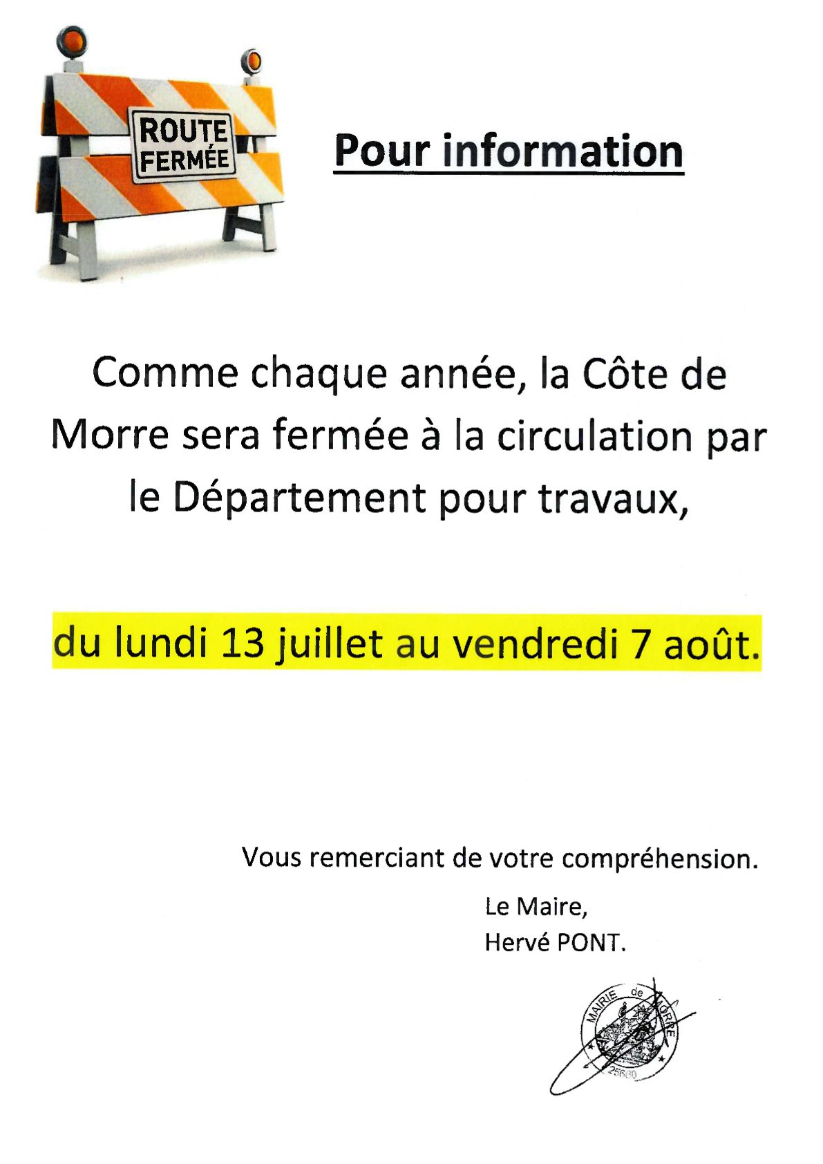Fermeture Côte de Morre du 13 juillet au 7 août 2026