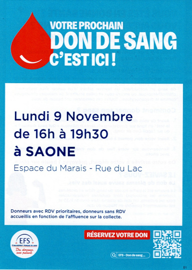 Don de sang à SAÔNE le 9 novembre